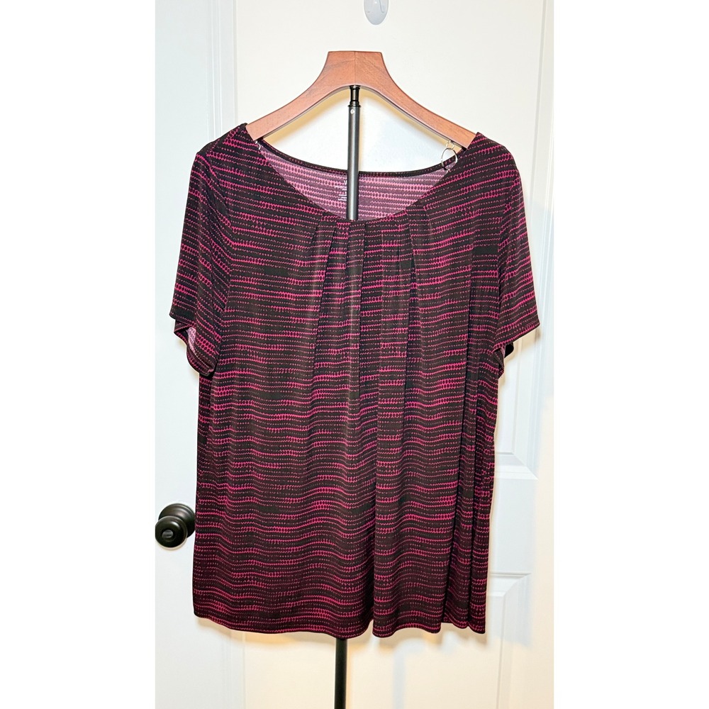 Worthington Woman 2X Blouse Purple Black Striped Pleated Scoop Neck Top